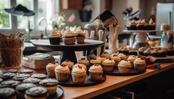 Homemade cupcakes with gourmet chocolate icing decoration generated by AI photo