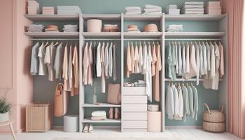 Fashionable clothing collection arranged on modern shelves generated by AI photo