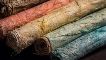 Stack of old silk textiles in heap generated by AI photo