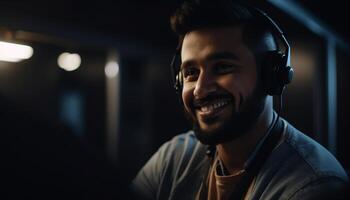 One man smiling, listening to headphones indoors generated by AI photo