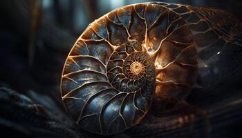 Ancient mollusk fossil, beauty in nature design generated by AI photo