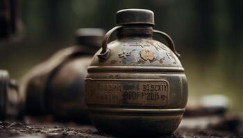 Rustic antique jug with rusty metal handle generated by AI photo