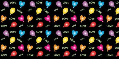 Seamless vector pattern. Bright balloons on a black background, text love, festive romantic. EPS10 vector.