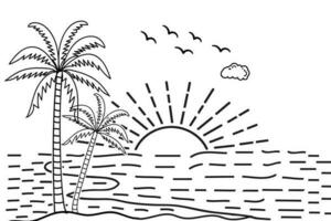 Summer sunset tropical beach line art vector illustration, hand drawn sunset and sunrise outline landscape tropical beach, palm tree with sunset waves Nature view, Kids drawing Beach coloring pages