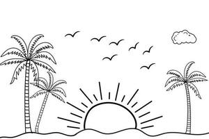 Summer sunset tropical beach line art vector illustration, hand drawn sunset and sunrise outline landscape tropical beach, palm tree with sunset waves Nature view, Kids drawing Beach coloring pages