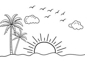 Summer sunset tropical beach line art vector illustration, hand drawn sunset and sunrise outline landscape tropical beach, palm tree with sunset waves Nature view, Kids drawing Beach coloring pages