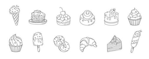 Cakes Ice cream Desserts Set of drawings Vector black and white illustration Isolated on a white background