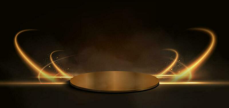 Gold podium and gold curved lighting effect spakle on dark brown background.