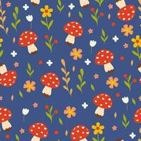 Simple seamless pattern with mushrooms and flowers. Vector graphics.