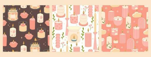 A set of patterns with candles of various shapes in pink colors. Vector graphics.