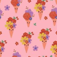 Cute seamless pattern with floral ice cream. Vector graphics