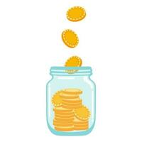 Glass jar with gold coins isolate on white background. Vector graphics.