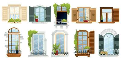 Clásico antiguo europeo balcón ventana icono conjunto vector