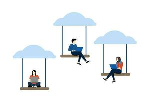 Cloud computing, technology to connect people concept, remote work on company cloud infrastructure, businesswoman and female office worker working with computer laptop on swing suspended in cloud vector