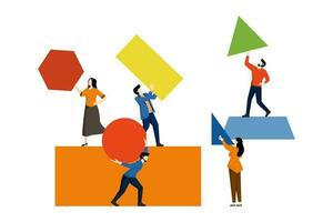 Group of people putting together an abstract geometric puzzle. work together to solve problems, make solutions together, characters collect geometric shapes vector, vector illustration in flat style.