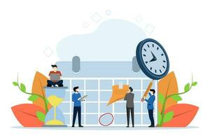 Planning strategy and time management. Planning schedule, business event and calendar concept. People with schedules, pens and notes setting up meetings. Vector illustration in flat cartoon design