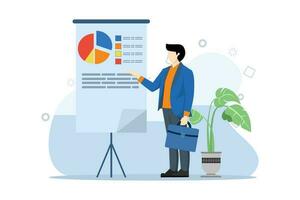 Creative business concept. Confident young man standing near flip chart and pointing at charts and diagrams. Office interiors. Modern vector illustration. Flat design on white background.