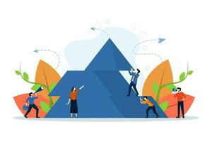 people connecting pyramid elements, concept symbol of teamwork, cooperation, partnership, progress, pyramid puzzle, solving problems and generating solution ideas. flat vector illustration design.