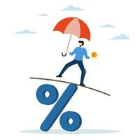 economic recovery, balance between profit and loss, central bank money policy for inflation or interest rate, financial challenge or risk, businessman leader balancing himself on percentage sign. vector