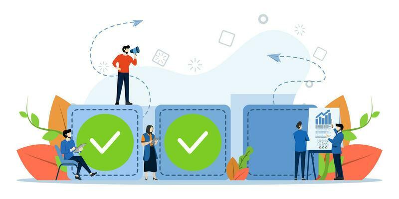 Job Application Form. people choose a resume for a job. check the box that matches the qualification. small character recruitment agency vector. claim form. vector illustration in flat style.