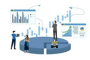 Financial management concept, Statistics and business reports, tiny people as puzzles collecting infographics, doing data analysis. business dashboard with charts. Flat vector illustration.