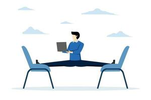 let employees manage their working time to complete project concept, flexible working, smart relaxed businessman working with laptop computer stretching his legs between chairs balancing like yoga. vector