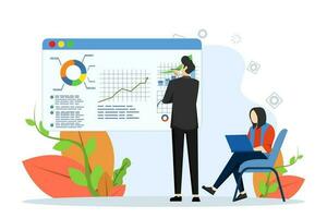 brainstorming concept. office worker studying infographics, evolution scale analysis, looking for new solution ideas. analyze and manage big data. business flat vector illustration.