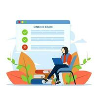 Concept of online exam, online survey, testing, e-learning. woman writing university exam on laptop. Students take remote tests. Vector illustration in flat design for UI, banner, landing page.