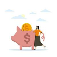 Saving money in a piggy bank, The first lump sum is deducted from income for saving, Set aside some money for saving, Youth or entrepreneurs and piggy banks. flat vector illustration.