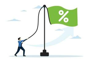 The increase in interest rates due to rising inflation. The US Fed raised interest rates to fight inflation. A businessman waving a flag with a percentage symbol on a pole. flat vector illustration.