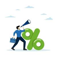 Fed's interest rate hike policy. Profits from raising interest rates or investments. A businessman looking through a telescope standing next to a percentage sign. flat vector illustration.