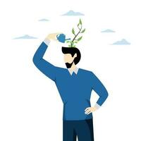 positive attitude to learn new knowledge to improve business problem concept, Self improvement, growth mindset, student smart entrepreneur using watering can to water seeds growing in his head. vector