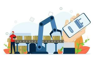 Mobile is connected to the industry. Industry 4.0 factory work robot arm. Intelligent industrial revolution. automatic production. industrial concept using robots. Futuristic technology in factory. vector