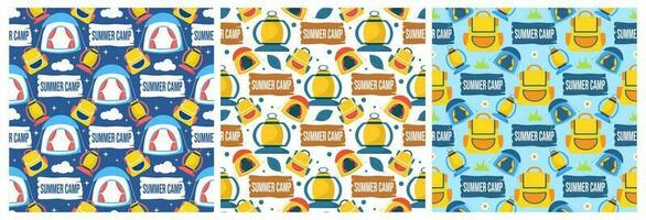 Set of Summer Camp Seamless Pattern Design of Camping and Traveling Element in Template Hand Drawn Cartoon Flat Illustration vector