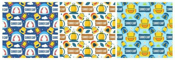 Set of Summer Camp Seamless Pattern Design of Camping and Traveling Element in Template Hand Drawn Cartoon Flat Illustration vector