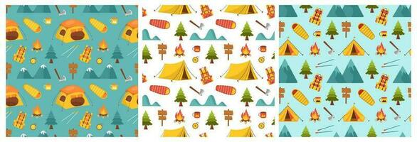 Set of Summer Camp Seamless Pattern Design of Camping and Traveling Element in Template Hand Drawn Cartoon Flat Illustration vector