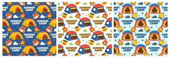 Set of Summer Camp Seamless Pattern Design of Camping and Traveling Element in Template Hand Drawn Cartoon Flat Illustration vector