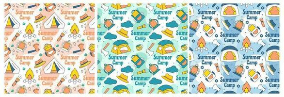 Set of Summer Camp Seamless Pattern Design of Camping and Traveling Element in Template Hand Drawn Cartoon Flat Illustration vector