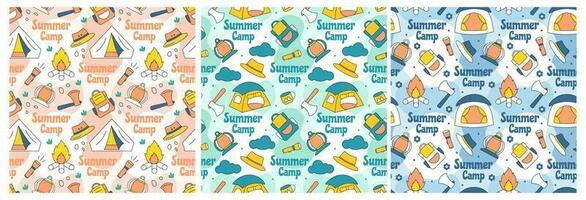 Set of Summer Camp Seamless Pattern Design of Camping and Traveling Element in Template Hand Drawn Cartoon Flat Illustration vector