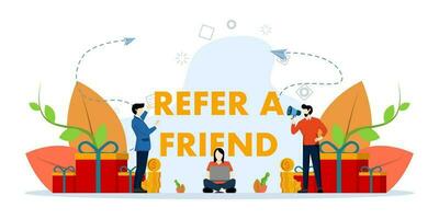 Refer a friend concept. Referral program vector illustration, man using megaphone with referring friend word, use for landing page, ui, web template, mobile app, poster, banner. vector illustration.