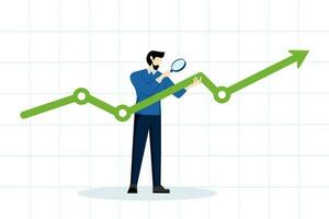 Stock market data analysis, smart businessman analyst using magnifying glass view in detail on rising market data chart. professional financial research or investment and economic forecast concept. vector