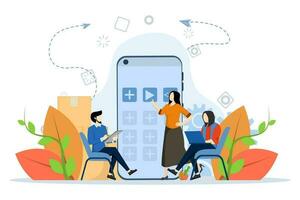 Mobile App Development Concept, Showing a group of programmers creating an app, Suitable for landing page, ui, web, app intro card, editorial, flyer and banner, Flat Vector Illustration.