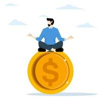 Finance guru or expert, money and investment adviser concept, behavioral finance concern for wealth management, smart businessman meditating and floating on big gold dollar coin. vector