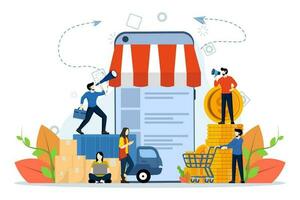 online shopping, receiving checks by phone, business concept, online shop, buying and selling, delivery of goods, promos in online stores, app advertising, vector illustration in flat style.