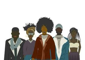 Young African women and man wearing casual clothes, and different hairstyles isolated white background black people community face, set of  male and female characters flat design vector illustration
