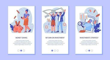 Money saving and investments strategy set of mobile onboarding pages. Investment business, ROI or profit of money investing. Financial scheme to develop commercial venture, vector illustration.