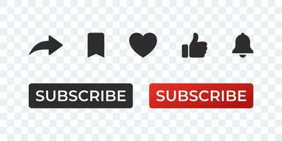 Subscribe red button, notification bell, share icon, heart and like. Vector scalable graphics