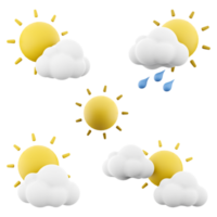 3d rendering sun shine, clouds, rain, sun rays icon set. 3d render weather concept icon set. png