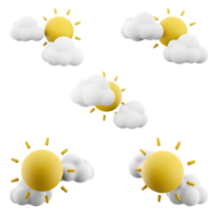 3d renderen twee wolken en zon icoon set. 3d geven cloudscape concept van weer verschillend standen icoon set. png