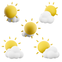 3d rendeing sun with cloud icon set. 3d render a cloud covers the sun different positions icon set. png